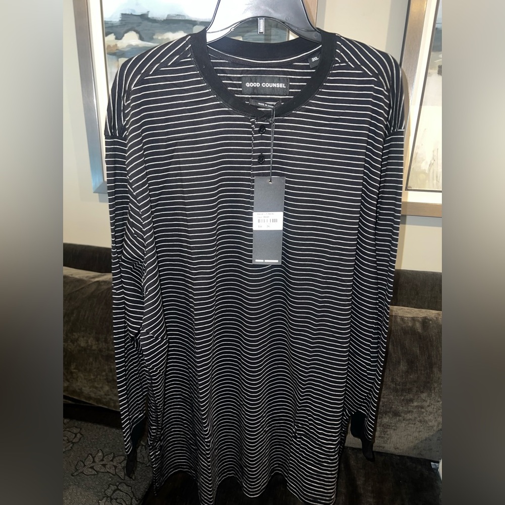 Black Striped Men's Shirt Henley - long sleeve